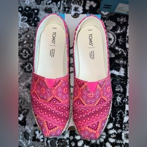 TOMS alpargata rope espadrilles, pink multi floral woven, size 10, used